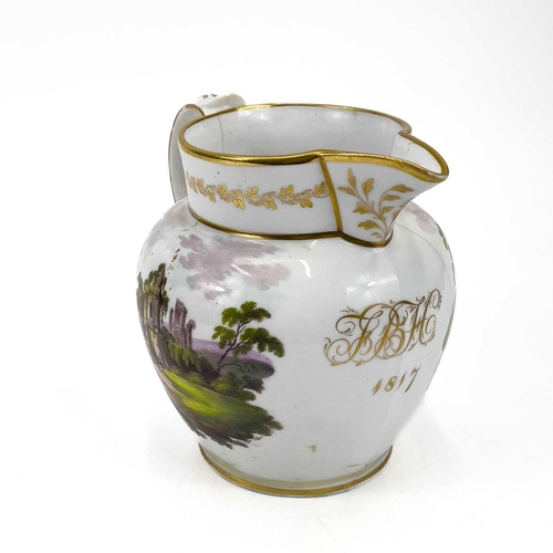 806 - A Regency porcelain jug, dated 1817. Painted with a stonemason and a landscape view and initialled i... 