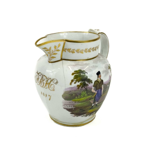 806 - A Regency porcelain jug, dated 1817. Painted with a stonemason and a landscape view and initialled i... 