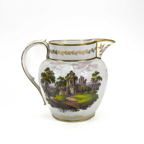 806 - A Regency porcelain jug, dated 1817. Painted with a stonemason and a landscape view and initialled i... 