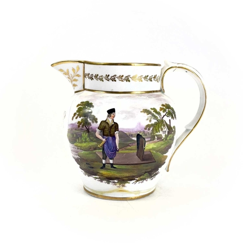 806 - A Regency porcelain jug, dated 1817. Painted with a stonemason and a landscape view and initialled i... 