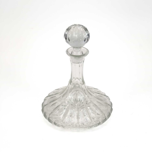 807 - A cut glass ship's decanter and stopper. Height 26cm, together with a Victorian cranberry glass smal... 