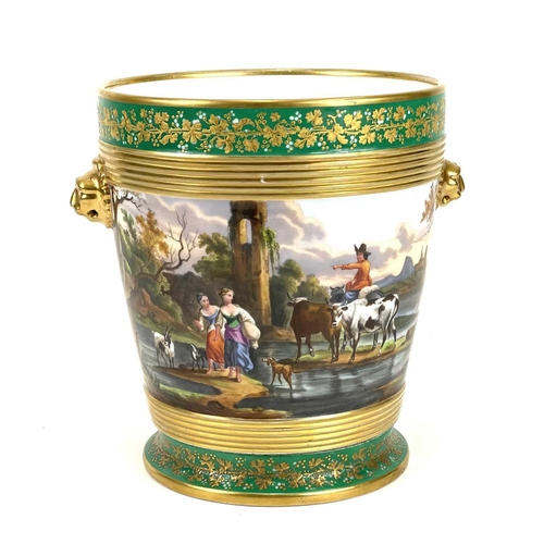 809 - A French porcelain cache pot and stand. Mid 19th century, the apple green border gilt decorated with... 