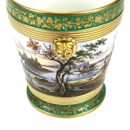 809 - A French porcelain cache pot and stand. Mid 19th century, the apple green border gilt decorated with... 