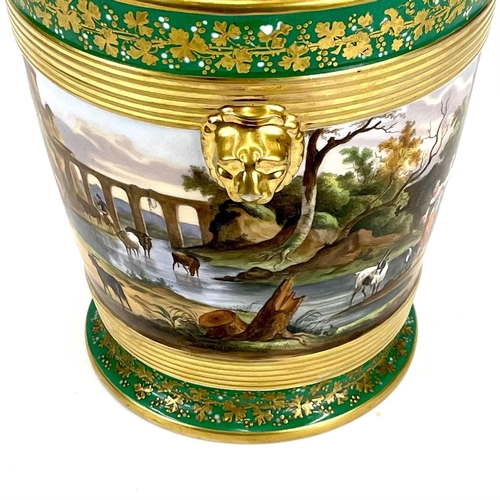 809 - A French porcelain cache pot and stand. Mid 19th century, the apple green border gilt decorated with... 