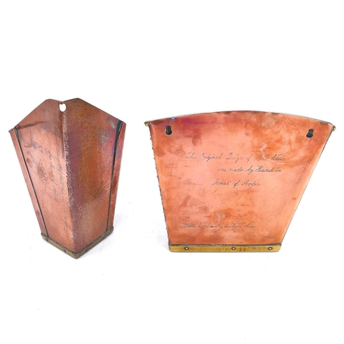 81 - An Arts and Crafts copper and brass bound wall vase with an inscribed case by N R Hartley. This Orig... 