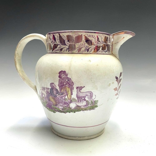 812 - Shooting/Coursing interest - A 19th century Sunderland lustre jug. Printed and coloured with two sce... 