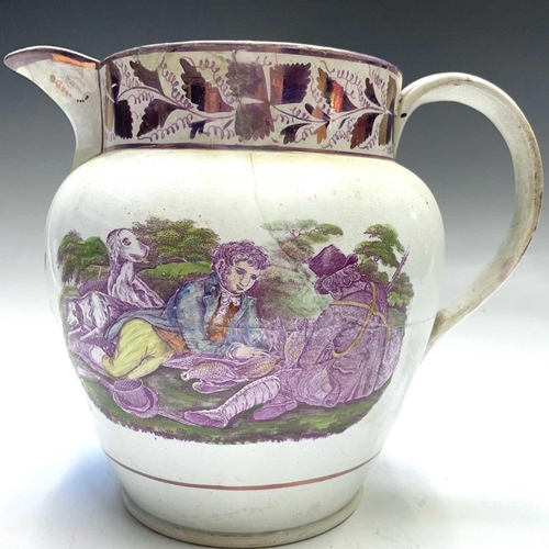 812 - Shooting/Coursing interest - A 19th century Sunderland lustre jug. Printed and coloured with two sce... 