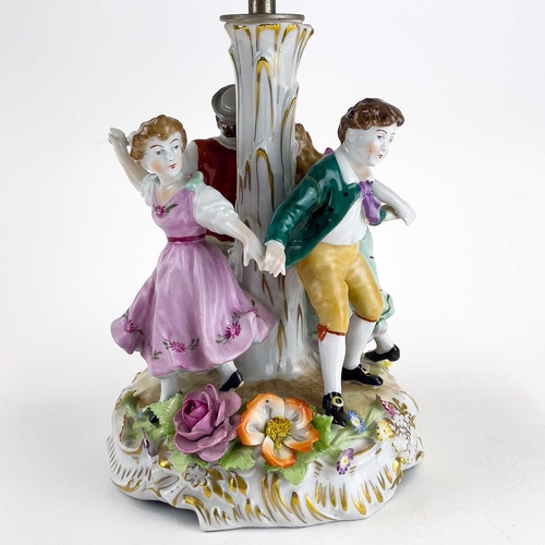 836 - A German porcelain figural flower encrusted table lamp and shade. Circa 1960s, the shade with lithop... 