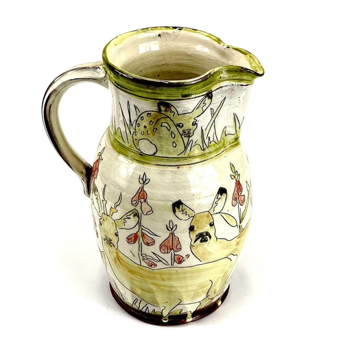 839 - Two Jennie HALE earthenware jugs. One decorated with hares amongst wildflowers, the other with deer ... 