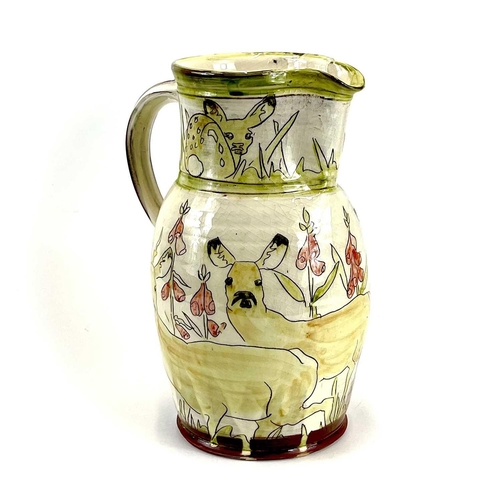 839 - Two Jennie HALE earthenware jugs. One decorated with hares amongst wildflowers, the other with deer ... 