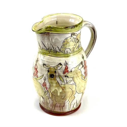 839 - Two Jennie HALE earthenware jugs. One decorated with hares amongst wildflowers, the other with deer ... 