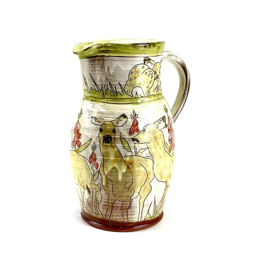 839 - Two Jennie HALE earthenware jugs. One decorated with hares amongst wildflowers, the other with deer ... 