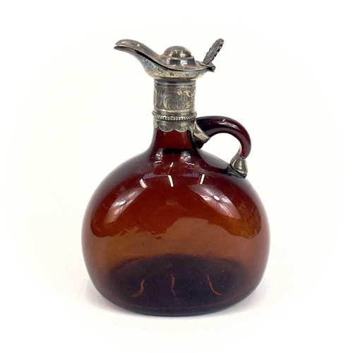 845 - A Victorian silver-mounted brown glass flask. Height 20.5cm. Together with two other similar flasks ... 