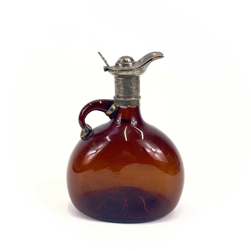 845 - A Victorian silver-mounted brown glass flask. Height 20.5cm. Together with two other similar flasks ... 