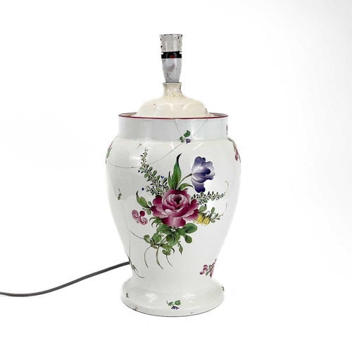 847 - A French Luneville pottery vase converted to a table lamp. With floral painted decoration, height 38... 