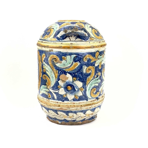 852 - A Maiolica portrait jar. 17th/18th century, with twin handles and a portrait medallion with flowers ... 