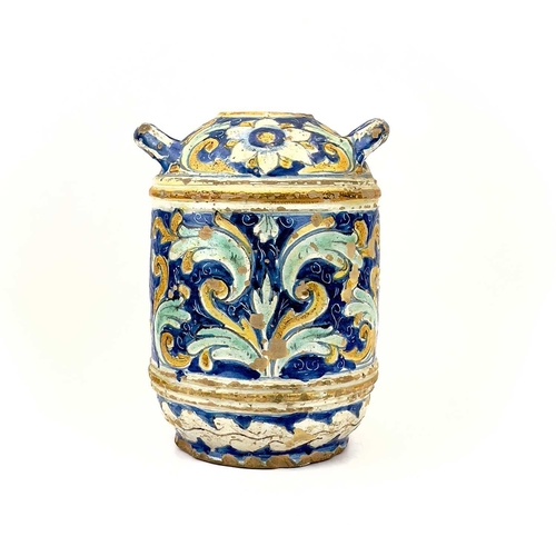 852 - A Maiolica portrait jar. 17th/18th century, with twin handles and a portrait medallion with flowers ... 