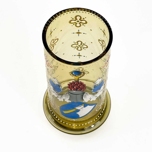 867 - A set of four German enamelled armorial green glass Humpen. Early 20th century, height 15cm.