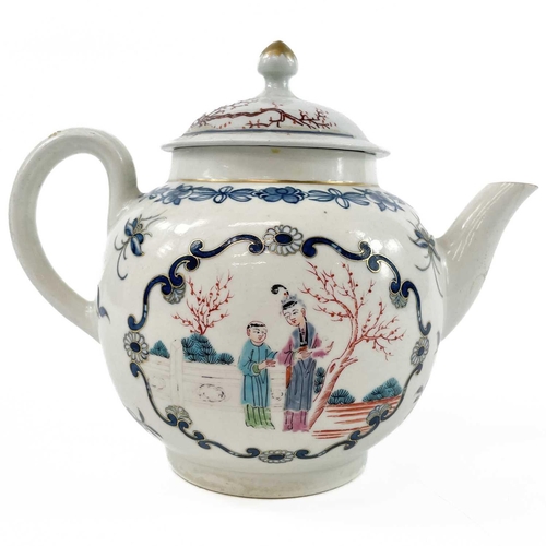 881 - A Liverpool porcelain teapot and a cover. Circa 1780, painted in polychrome with Oriental figures, h... 