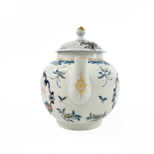 881 - A Liverpool porcelain teapot and a cover. Circa 1780, painted in polychrome with Oriental figures, h... 