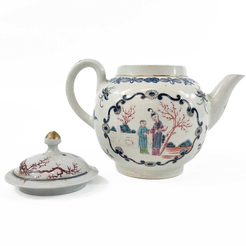 881 - A Liverpool porcelain teapot and a cover. Circa 1780, painted in polychrome with Oriental figures, h... 