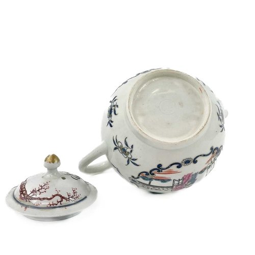 881 - A Liverpool porcelain teapot and a cover. Circa 1780, painted in polychrome with Oriental figures, h... 