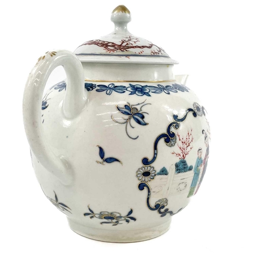 881 - A Liverpool porcelain teapot and a cover. Circa 1780, painted in polychrome with Oriental figures, h... 