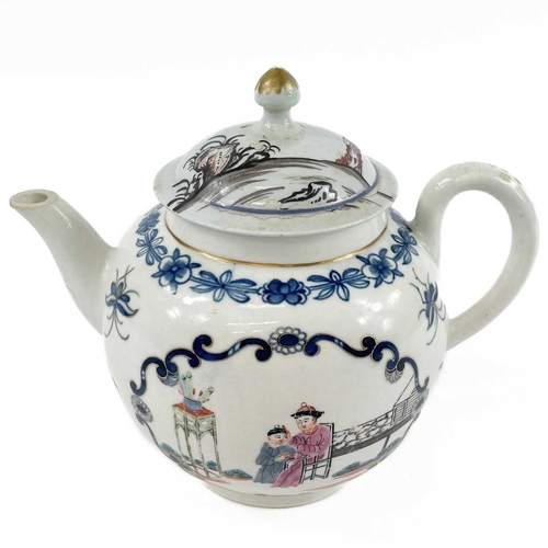 881 - A Liverpool porcelain teapot and a cover. Circa 1780, painted in polychrome with Oriental figures, h... 