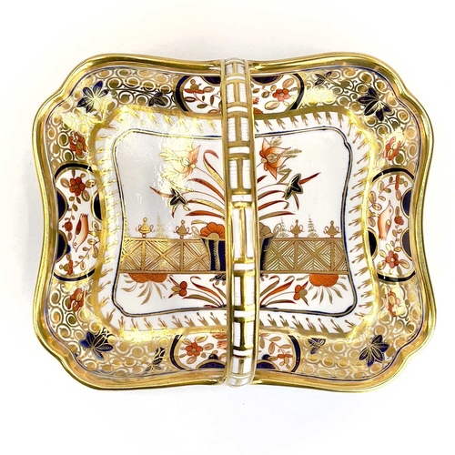 884 - A Spode porcelain rectangular card tray with moulded handle decorated in Imari colours. Marked Spode... 