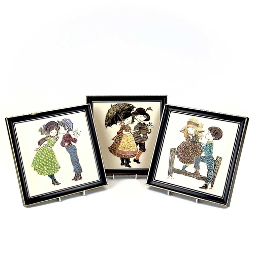 889 - Three Maw & Co framed tiles depicting young couples. 20cm x 20cm.