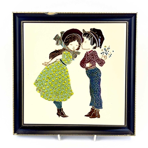 889 - Three Maw & Co framed tiles depicting young couples. 20cm x 20cm.