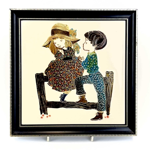 889 - Three Maw & Co framed tiles depicting young couples. 20cm x 20cm.