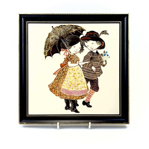 889 - Three Maw & Co framed tiles depicting young couples. 20cm x 20cm.