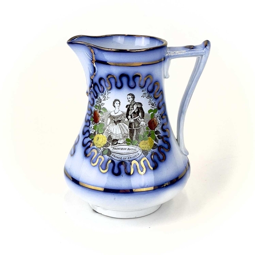 907 - Two 19th century blue flow ceramic jugs commemorating the marriage of Prince Fredrich of Prussia. Tr... 