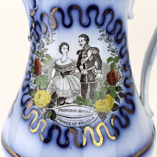 907 - Two 19th century blue flow ceramic jugs commemorating the marriage of Prince Fredrich of Prussia. Tr... 