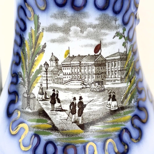 907 - Two 19th century blue flow ceramic jugs commemorating the marriage of Prince Fredrich of Prussia. Tr... 