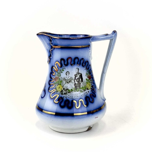 907 - Two 19th century blue flow ceramic jugs commemorating the marriage of Prince Fredrich of Prussia. Tr... 