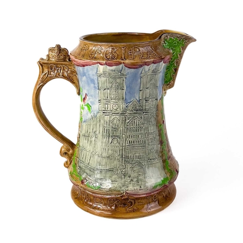 913 - A large jug commemorating the coronation of Queen Elizabeth II by Burleigh ware. Moulded in relief b... 