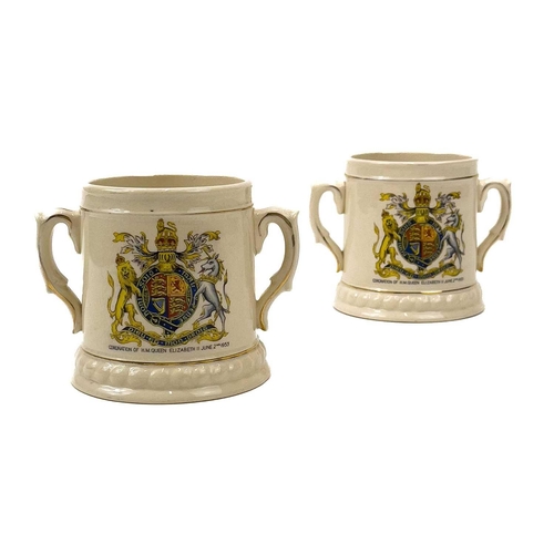 914 - A Queen Elizabeth II coronation loving cup by Brentleigh ware. Height 9.5cm, together with another s... 