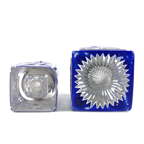 919 - A Bohemian heavy blue and white overlay glass inkwell. With hinged cover and floral and club cut dec... 