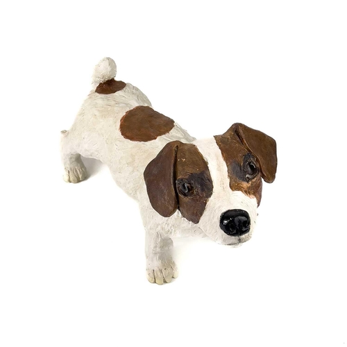 922 - Lynn DAVEY White Jack Russell Ceramic sculpture Signed with initials Height 18cm, length 33cm