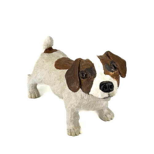 922 - Lynn DAVEY White Jack Russell Ceramic sculpture Signed with initials Height 18cm, length 33cm