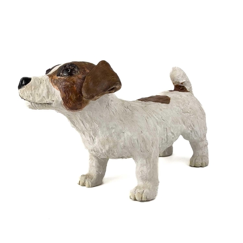 922 - Lynn DAVEY White Jack Russell Ceramic sculpture Signed with initials Height 18cm, length 33cm