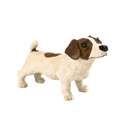 922 - Lynn DAVEY White Jack Russell Ceramic sculpture Signed with initials Height 18cm, length 33cm