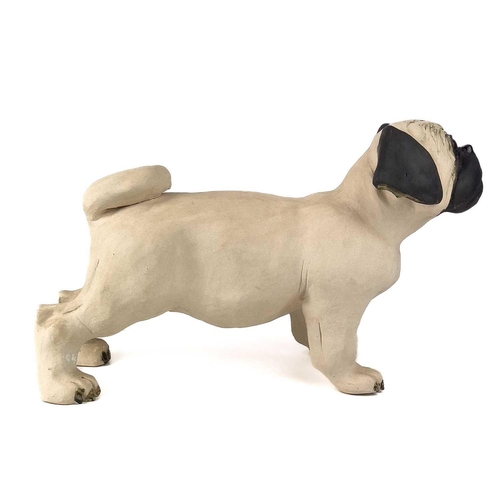 923 - Lynn DAVEY 'Percy Pug' Ceramic sculpture Signed with initials Height 21.5cm, length 35cm