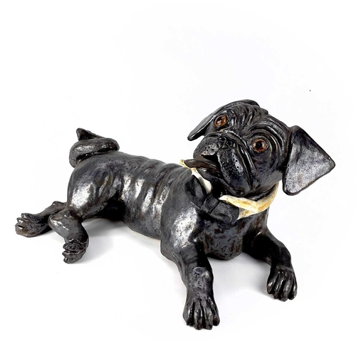 924 - Lynn DAVEY 'Bertie Pug with Bow Tie ' Ceramic sculpture with bronze glaze Signed with initials Heigh... 