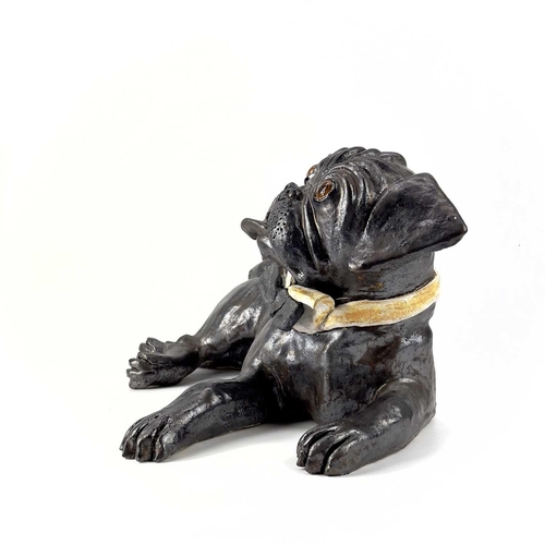 924 - Lynn DAVEY 'Bertie Pug with Bow Tie ' Ceramic sculpture with bronze glaze Signed with initials Heigh... 