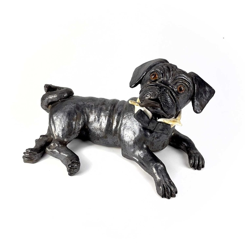 924 - Lynn DAVEY 'Bertie Pug with Bow Tie ' Ceramic sculpture with bronze glaze Signed with initials Heigh... 