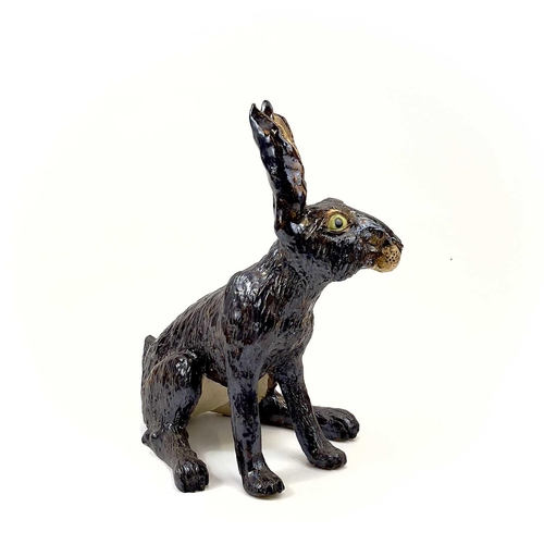 926 - Lyn DAVEY Hare Ceramic sculpture with bronze glaze Signed with initials Height 38cm, length 34cm