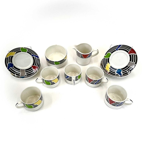 928 - A Wade 'Music ' coffee set, Comprising milk jug, sugar bowl, six cups and five saucers.